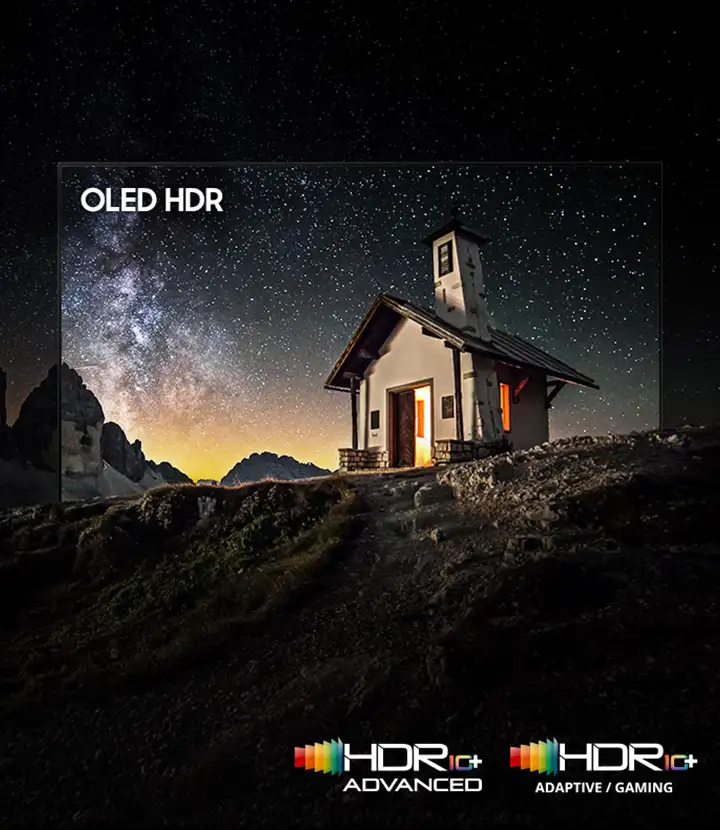 Na obrazie widać mały domek na tle gwiaździstego nieba. Widoczny tekst to \'OLED HDR\', \'HDR 10+ ADVANCED\' oraz \'HDR 10+ ADAPTIVE / GAMING\'.