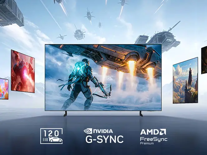 Na obrazie widoczny jest telewizor wyświetlający dynamiczną scenę z gry, otoczony przez inne ekrany z różnymi grafikami. Na dole znajdują się logotypy: 120 Hz, NVIDIA G-SYNC, AMD FreeSync Premium.