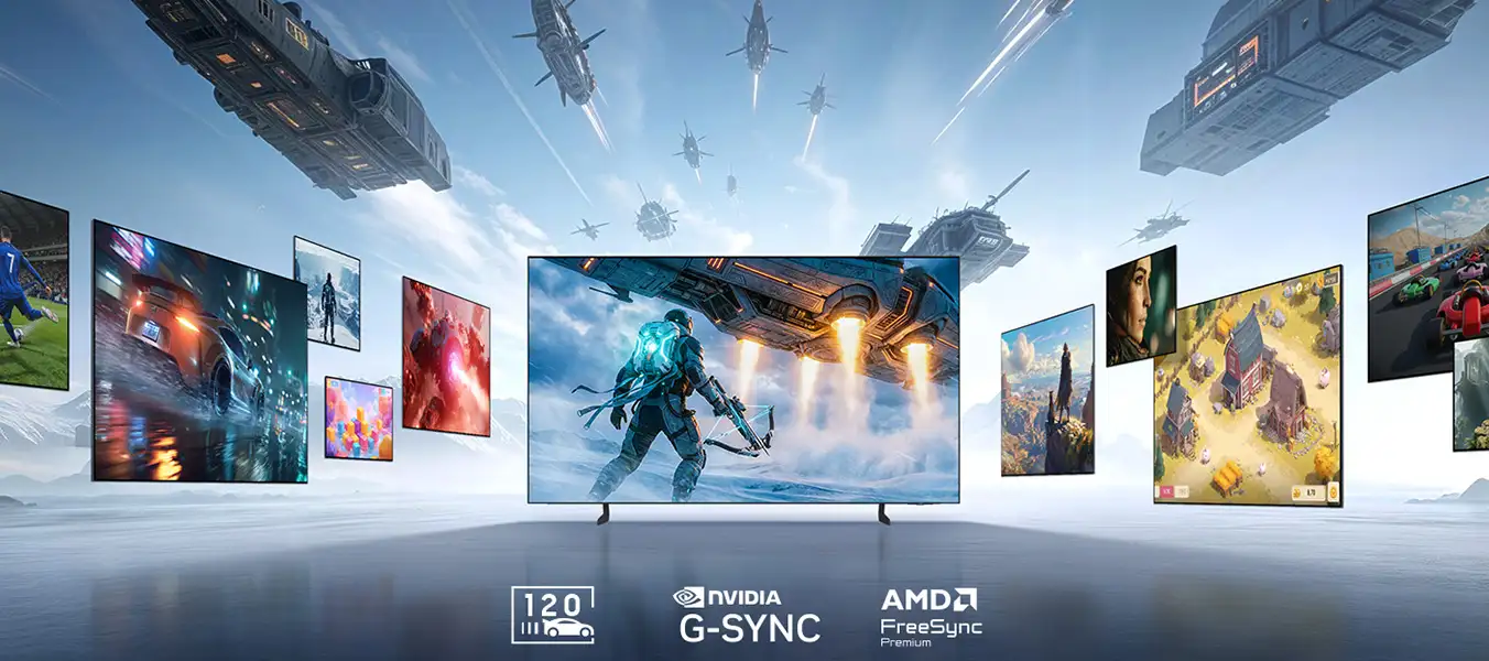 Obraz przedstawia telewizor wyświetlający scenę z gry science fiction, otoczony mniejszymi ekranami z różnymi grami i filmami. Na dole widoczne są logotypy: 120 Hz, NVIDIA G-SYNC, AMD FreeSync Premium.