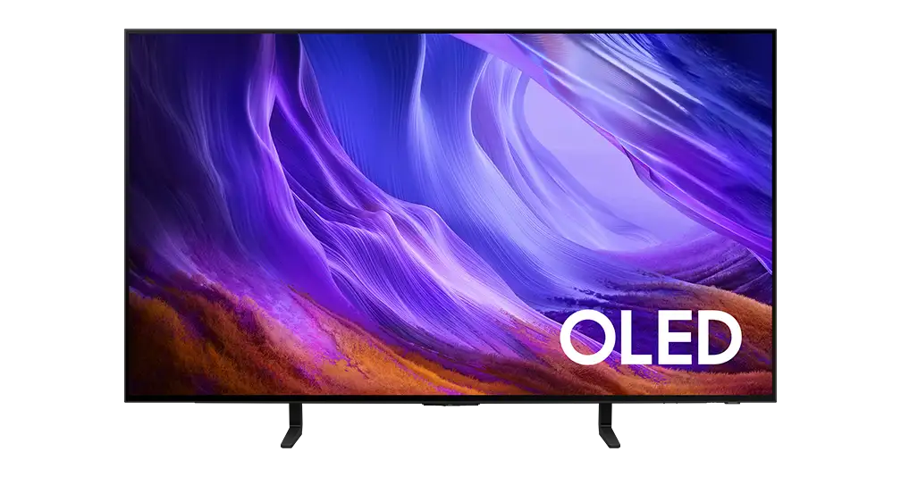 Telewizor z wyświetlaczem OLED pokazuje abstrakcyjny obraz w odcieniach fioletu i pomarańczu. Na ekranie widoczny jest napis \'OLED\'.