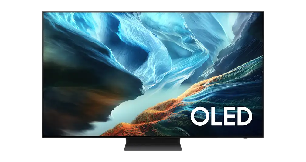 oled s92h 48 55 65 83 inch 1008x534 Telewizor z wyświetlaczem prezentującym abstrakcyjny obraz w odcieniach niebieskiego i pomarańczowego. Na ekranie widoczny jest napis \'OLED\'.