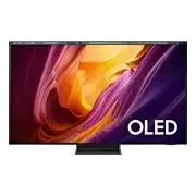 Telewizor z wyświetlaczem OLED, na ekranie widoczna abstrakcyjna grafika w odcieniach pomarańczowego i fioletowego. Na ekranie znajduje się napis \'OLED\'.