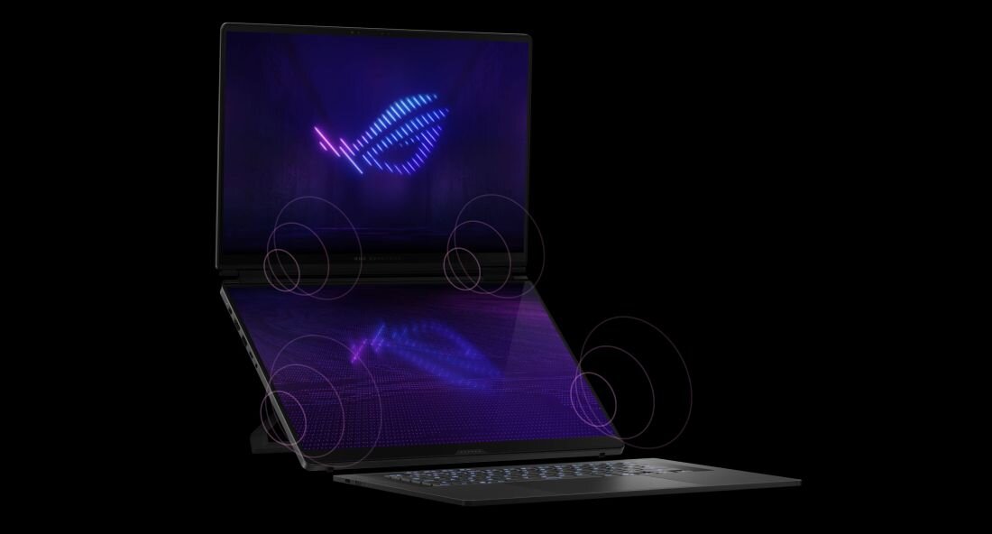 Laptop ASUS ROG Zephyrus z głośnikami prezentuje ekran i rozszerzony panel wyświetlacza z wizualizacją dźwięku w środowisku gamingowym – głośniki o 122% większej głośności z rozszerzonym basem do 100 Hz i przestrzennym dźwiękiem