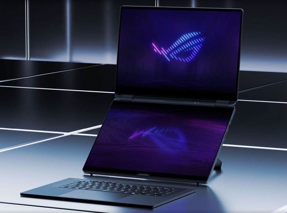 Laptop ASUS ROG Zephyrus z dwoma ekranami OLED i podświetlanym logo ROG prezentowany w trybie podwójnego wyświetlacza na jasnym tle studyjnym

			</div>
		</div>
	</div>
	<div class=