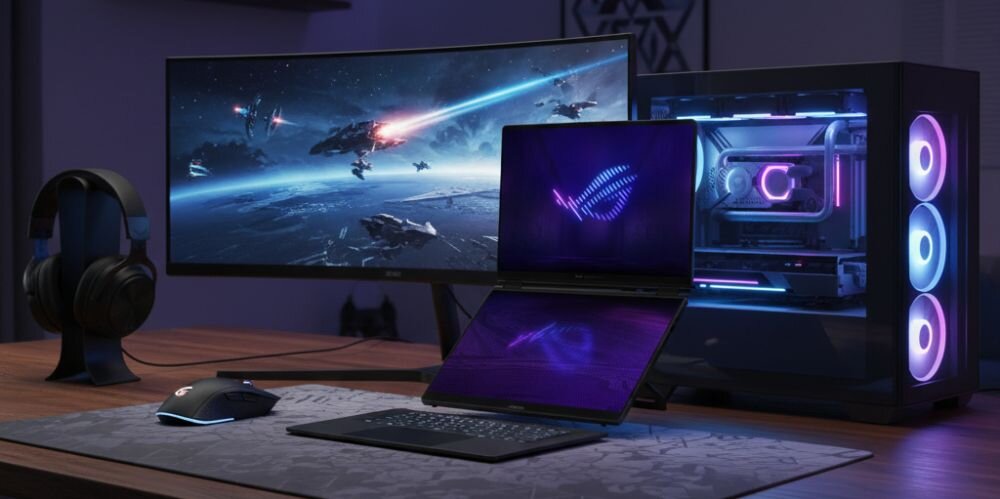 Na biurku znajduje się laptop z podświetlonym logo, obok myszka i słuchawki. W tle widać monitor z grą kosmiczną oraz komputer stacjonarny z podświetleniem RGB.