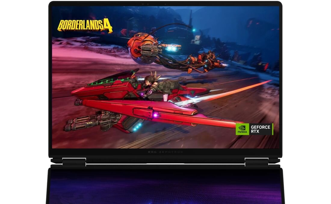 Laptop z wyświetlaczem pokazującym grę \'Borderlands 4\' z widocznym logo NVIDIA GeForce RTX. Na ekranie widać dynamiczną scenę z pojazdami w ruchu.