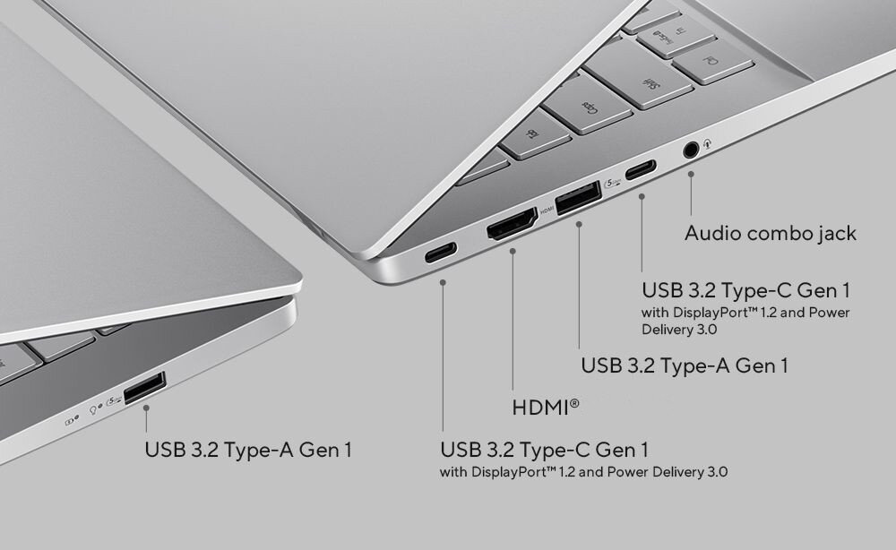 Boczne widoki srebrnego laptopa ASUS Vivobook S14 prezentujące rozmieszczenie portów – górny panel z portami: HDMI 2.1 TMDS, dwa USB 3.2 Type-A Gen 1, dwa USB 3.2 Type-C Gen 1 z obsługą DisplayPort 1.2 i Power Delivery 3.0, gniazdo audio combo; dolny panel z dodatkowym portem USB 3.2 Type-A Gen 1, całość na jasnym tle z opisami funkcji każdego złącza.  - łączność HDMI USB-A USB Type-C 
