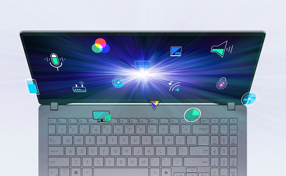 Laptop ASUS Vivobook S14 otwarty na jasnym tle, na ekranie dynamiczny rozbłysk światła i kolorowe ikony symbolizujące funkcje laptopa: mikrofon, paleta kolorów, Wi-Fi, głośnik, klawisz funkcyjny, AI, bateria, touchpad, wentylator, podkreślające wszechstronność i nowoczesność urządzenia. - Efektywna praca z MyASUS 