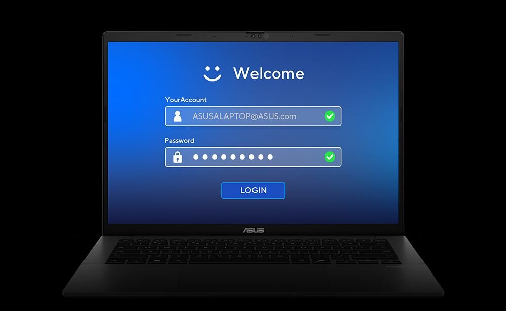 Otwarty laptop ASUS Vivobook S14 na czarnym tle, na ekranie niebieski ekran logowania z napisem „Welcome”, polami na nazwę użytkownika i hasło oraz ikoną uśmiechniętej buźki, pod ekranem widoczne logo ASUS. - Bezpieczne logowanie Windows Hello 