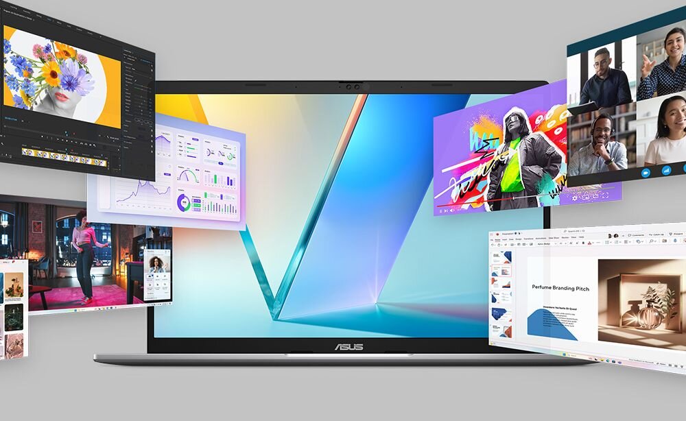 Zbliżenie na ekran laptopa ASUS Vivobook S14, wokół niego unoszą się okna aplikacji do wideokonferencji, edycji zdjęć, wykresów i prezentacji, symbolizując wielozadaniowość i wydajność urządzenia. - Intel Core, RAM DDR5, Microsoft Copilot