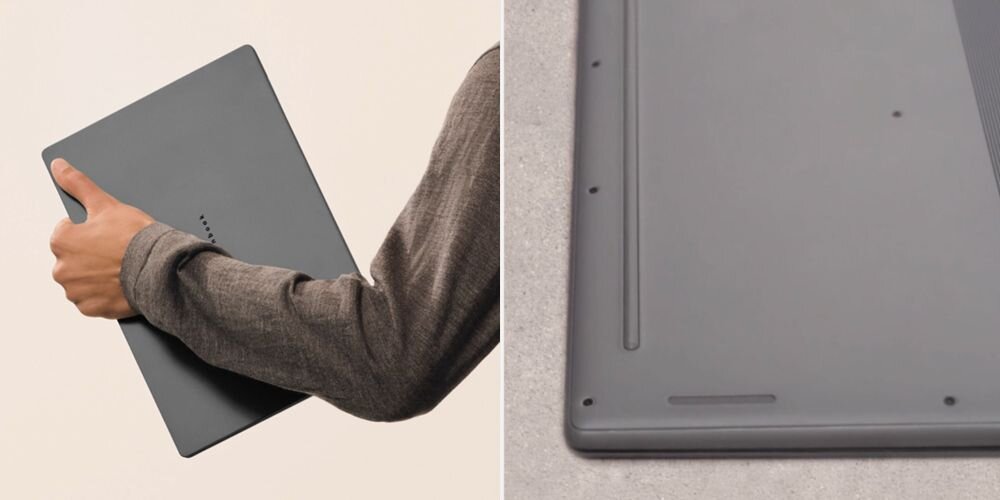 Osoba trzyma zamknięty laptop ASUS ZenBook A14 w dłoni, obok widoczny spód obudowy – lekka konstrukcja i odporność na wstrząsy