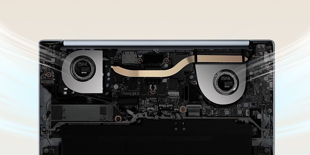 Wnętrze laptopa ASUS ZenBook A14 z dwoma wentylatorami i układem chłodzenia – cicha praca i wydajne odprowadzanie ciepła