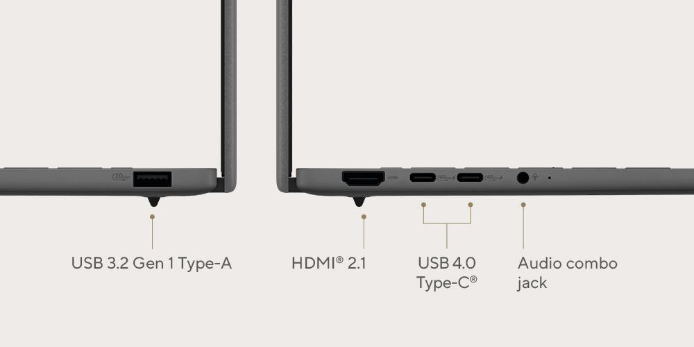 Boki laptopa ASUS ZenBook A14 z widocznymi portami USB 3.2 HDMI 2.1 USB 4 Type-C i audio combo