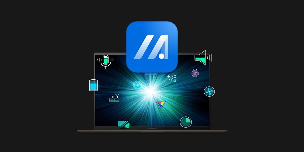 Na obrazie widoczny jest laptop z wyświetlaczem pokazującym jasny, promienisty wzór oraz różne ikony symbolizujące funkcje technologiczne. Nad ekranem znajduje się niebieska ikona z białym logo przypominającym literę \'A\'.