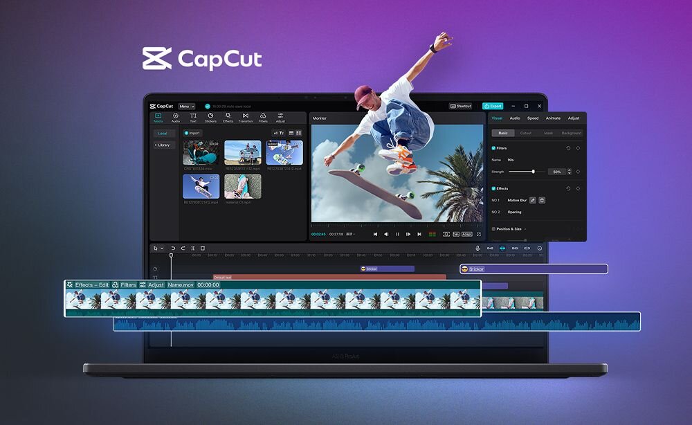 Obraz przedstawia ekran laptopa z otwartą aplikacją do edycji wideo CapCut, na którym widać osobę wykonującą trik na deskorolce. W tle widoczny jest gradientowy fioletowo-niebieski kolor oraz logo CapCut.