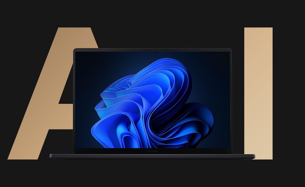 Laptop z wyświetlaczem pokazującym niebieską abstrakcyjną grafikę na czarnym tle. W tle widoczny jest duży, złoty napis \'AI\'.