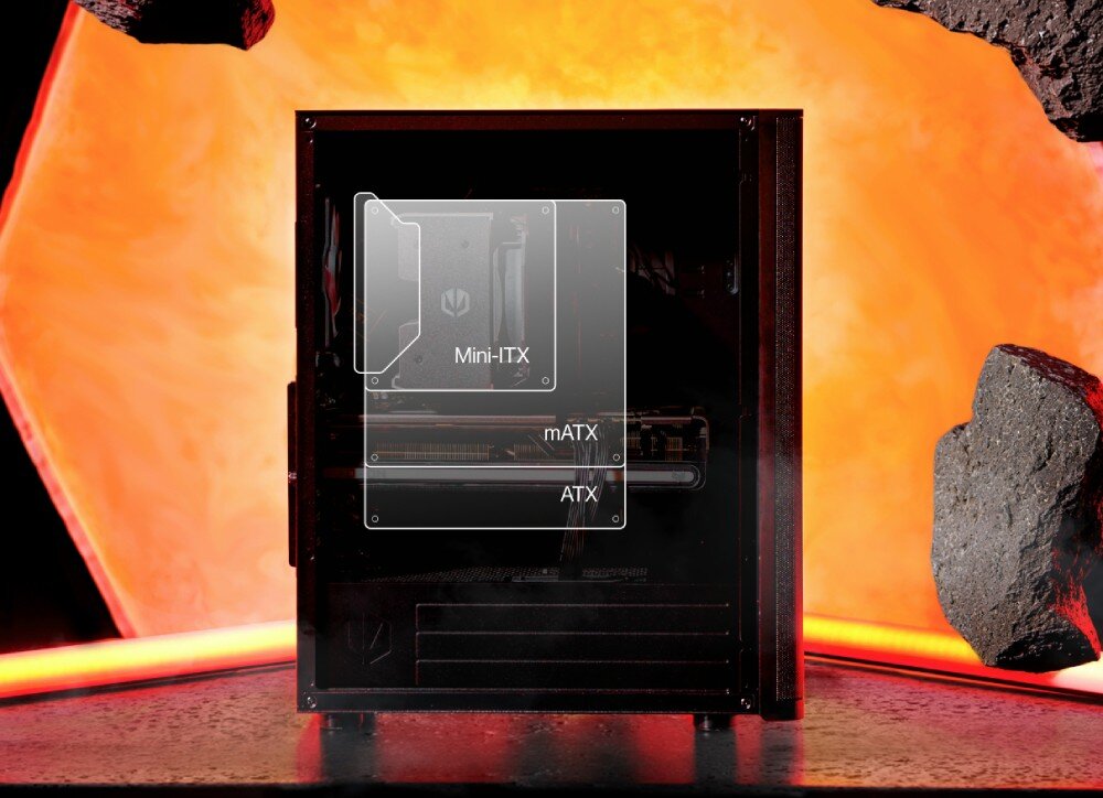 Obudowa ENDORFY Ventum 400 ARGB Wnętrze obudowy komputerowej z zaznaczonymi miejscami montażu dla trzech formatów płyt głównych: Mini-ITX, mATX, ATX, wymiary, przestrzeń na podzespoły