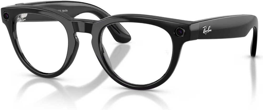 Czarne, błyszczące okulary z okrągłymi oprawkami i logo Ray-Ban na zausznikach. Na przedniej części oprawek widoczne są małe kamery.
