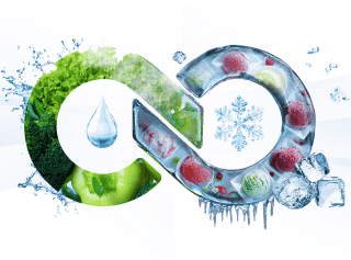 Obraz przedstawia symbol nieskończoności, którego jedna część jest wypełniona zielonymi warzywami i kroplą wody, a druga część owocami i lodem. W tle widoczne są rozpryski wody i płatki śniegu.