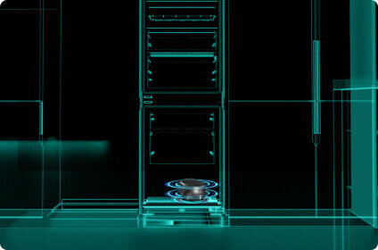 Grafika przedstawia schemat lodówki z widocznymi elementami technologicznymi, takimi jak system chłodzenia i szuflady. Obraz jest utrzymany w kolorystyce niebiesko-czarnej, z podświetlonymi elementami wewnętrznymi.