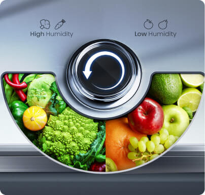 Obraz przedstawia pokrętło z oznaczeniami \'High Humidity\' i \'Low Humidity\', otoczone kolorowymi warzywami i owocami. Pokrętło jest podświetlone, a wokół niego widoczne są różne produkty spożywcze, takie jak brokuły, papryka, cytrusy i winogrona.