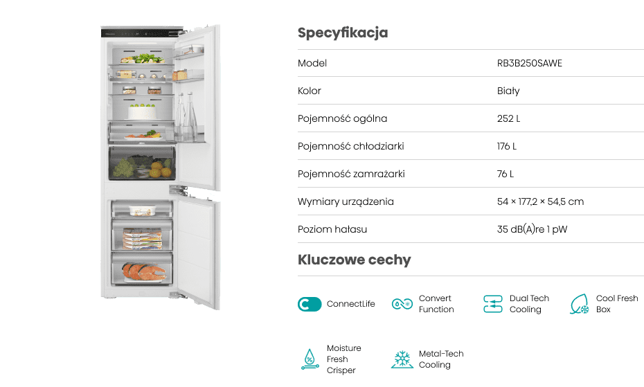 Obraz przedstawia otwartą lodówkę z widocznymi półkami i produktami spożywczymi. Obok znajduje się tabela specyfikacji z tekstem: \'Specyfikacja, model, kolor, klasa energetyczna, pojemność chłodziarki, pojemność zamrażarki, szerokość produktu, głębokość produktu, wysokość produktu, kluczowe cechy\'.