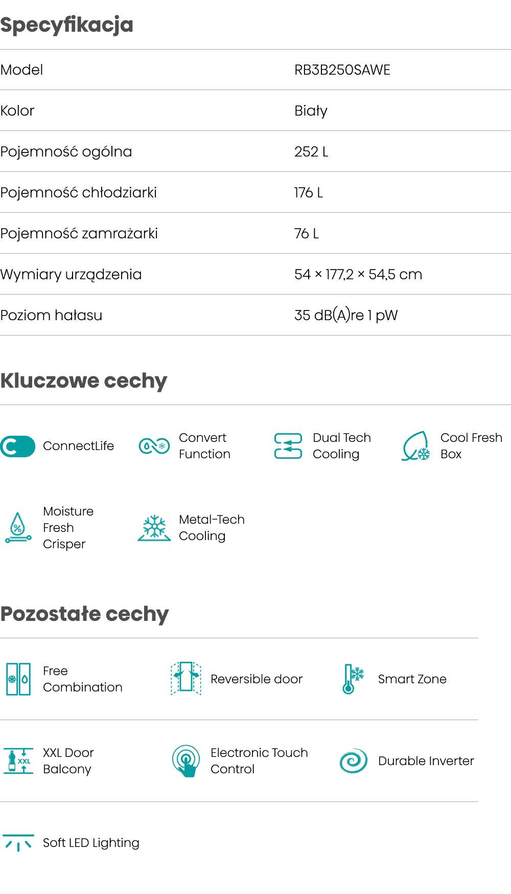 Obraz przedstawia specyfikację i cechy lodówki HISENSE RB3B250SAWE. Wymienione są m.in. funkcje Wi-Fi ConnectLife, Dual Tech Cooling, Metal Tech Cooling, szuflada CoolFresh oraz funkcja Convert.