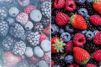 Obraz przedstawia porównanie zamrożonych i świeżych owoców jagodowych, takich jak maliny, jeżyny, borówki i truskawki. Po lewej stronie owoce są pokryte szronem, a po prawej są świeże i soczyste.