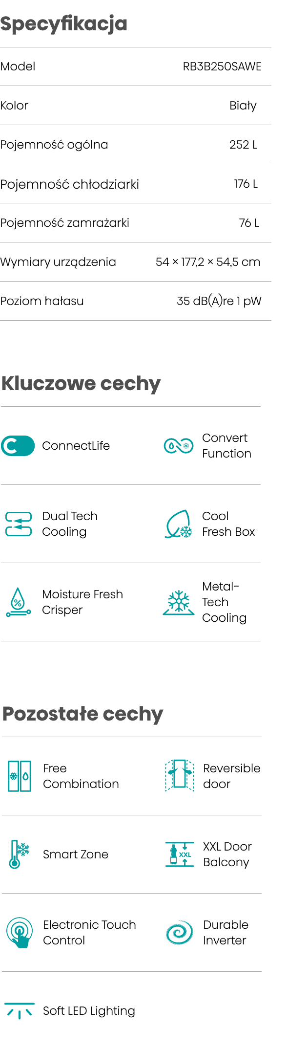 Obraz przedstawia specyfikację i kluczowe cechy lodówki HISENSE RB3B250SAWE. Wymienione funkcje to m.in. ConnectLife, Convert Function, Dual Tech Cooling, Cool Fresh Box, Moisture Fresh Crisper i Metal-Tech Cooling.