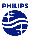 Logo PHILIPS w kolorze niebieskim z białymi elementami graficznymi przedstawiającymi gwiazdy i fale.