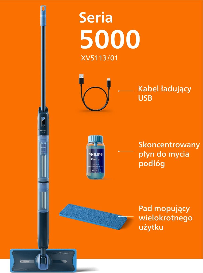 Obraz przedstawia elektryczny mop PHILIPS z serii 5000, model XV5113/01, na pomarańczowym tle. Obok mopa znajdują się kabel ładujący USB, skoncentrowany płyn do mycia podłóg oraz pad mopujący wielokrotnego użytku.