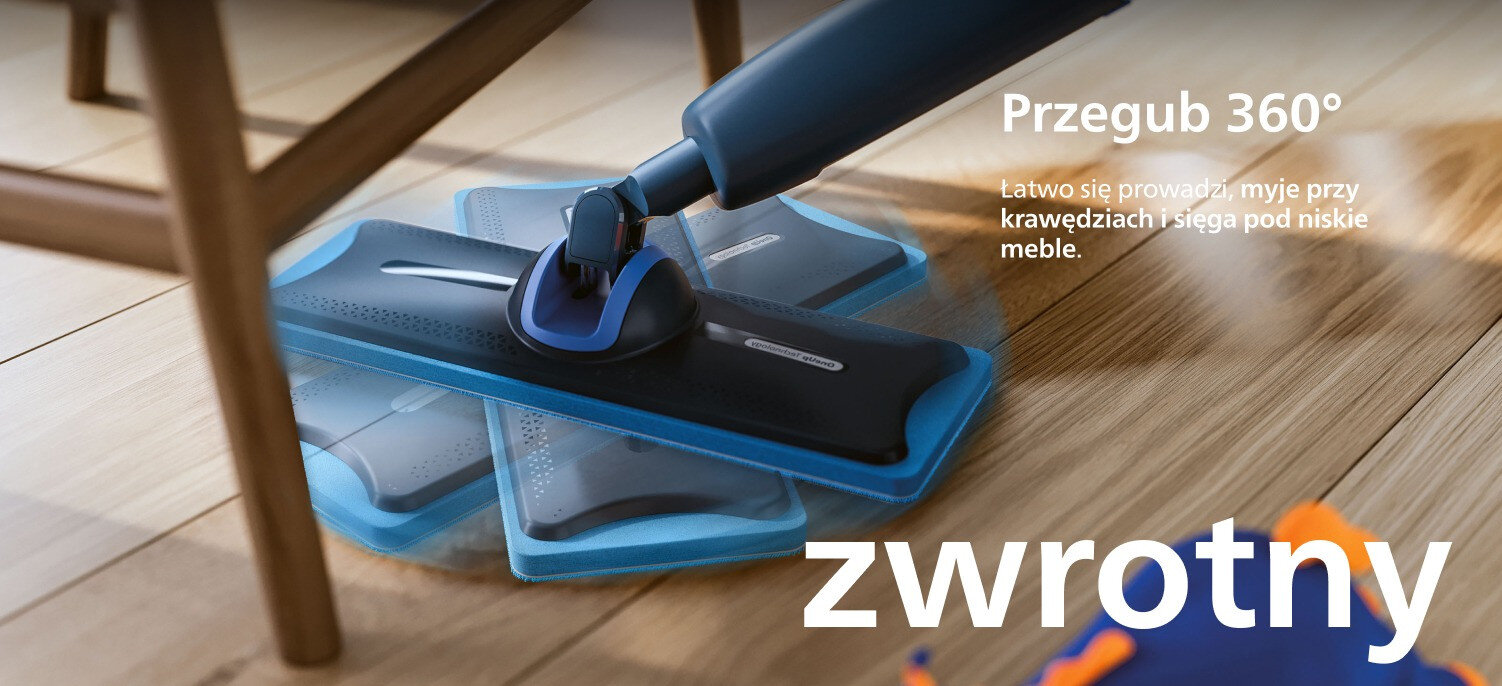 Obraz przedstawia mop elektryczny z przegubem 360°, który łatwo się prowadzi i myje przy krawędziach oraz sięga pod niskie meble. Na obrazie widoczny jest tekst: \'Przegub 360° Łatwo się prowadzi, myje przy krawędziach i sięga pod niskie meble. zwrotny\'.