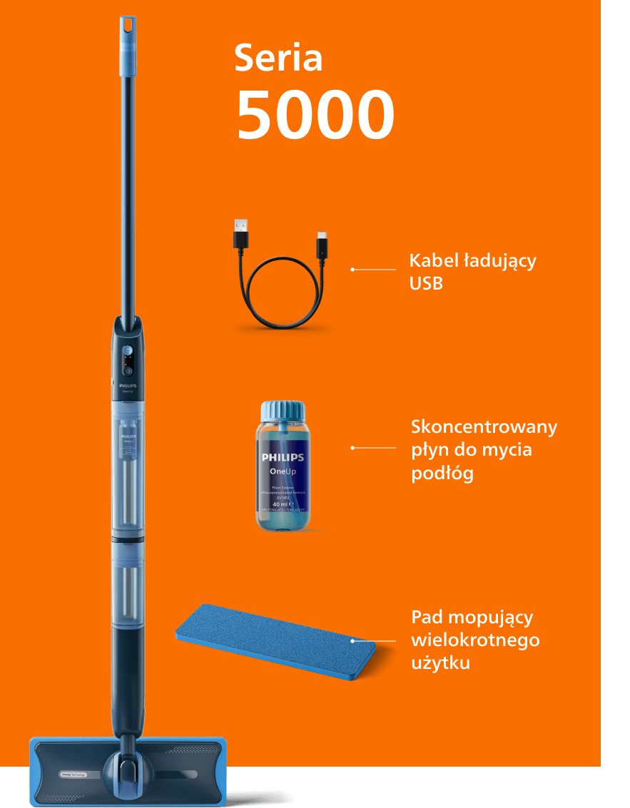 Na pomarańczowym tle widoczny jest mop elektryczny z napisem \'PHILIPS\' oraz akcesoria: kabel ładujący USB, skoncentrowany płyn do mycia podłóg i pad mopujący wielokrotnego użytku. Tekst na obrazie: \'Seria 5000\'.