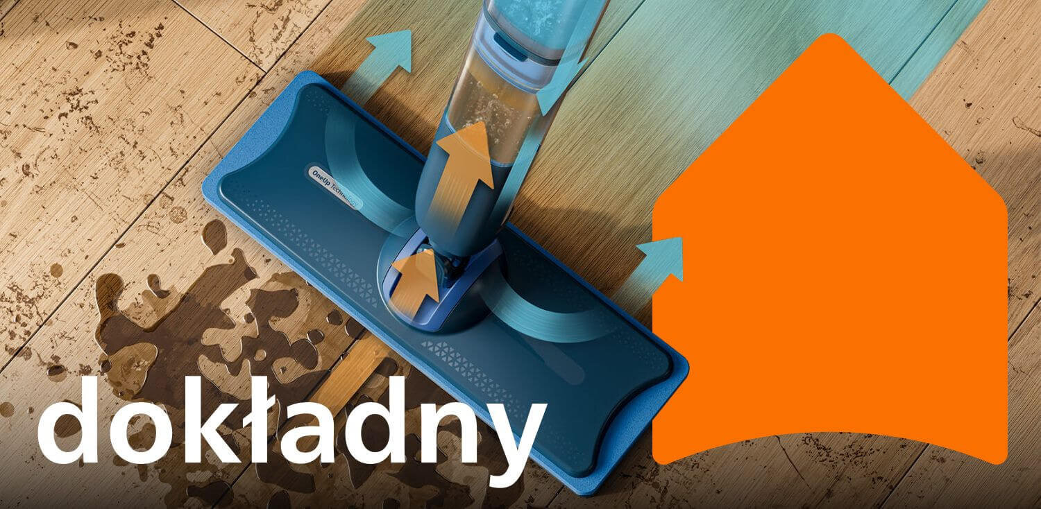 Obraz przedstawia mop elektryczny na drewnianej podłodze z rozlaną cieczą, z widocznymi strzałkami wskazującymi kierunek czyszczenia. Na obrazie znajduje się tekst \'dokładny\' oraz pomarańczowy kształt przypominający dom.