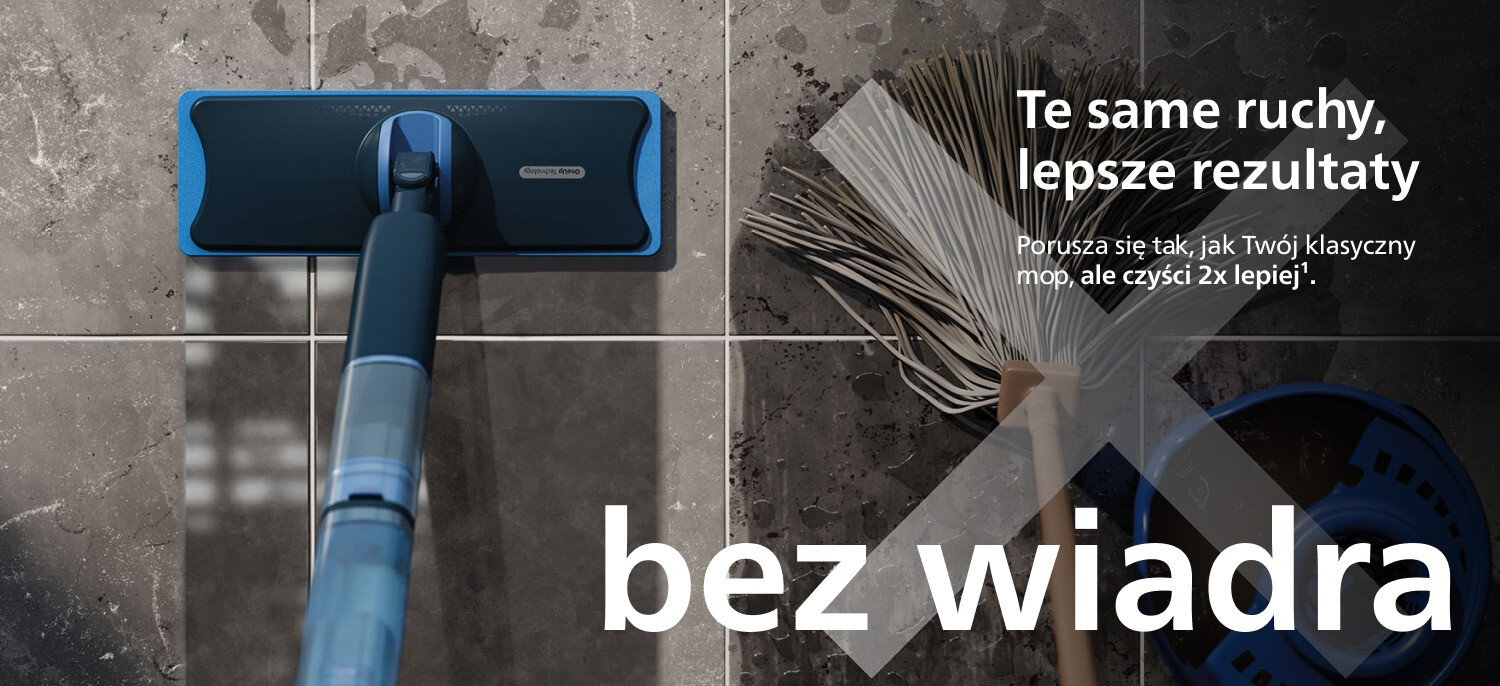 Na obrazie widać elektryczny mop na tle ciemnych płytek oraz tradycyjny mop z wiadrem. Tekst na obrazie: \'Te same ruchy, lepsze rezultaty. Porusza się tak, jak Twój klasyczny mop, ale czyści 2x lepiej*. bez wiadra\'.