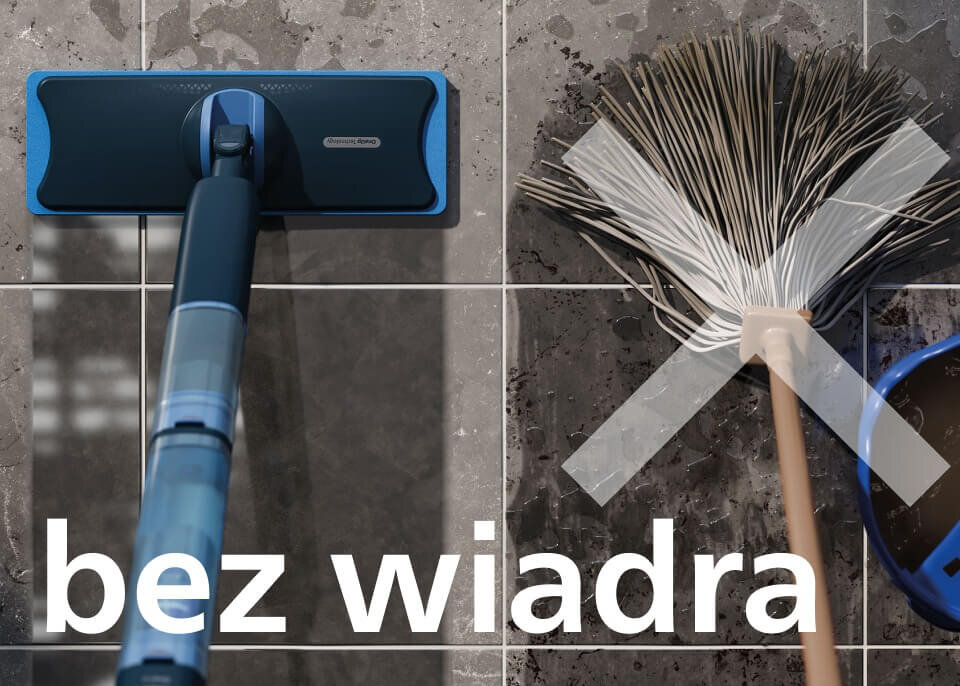 Na obrazie widać elektryczny mop na tle czystych płytek oraz tradycyjną miotłę z wiadrem na tle zabrudzonych płytek. Na dole widnieje napis \'bez wiadra\'.