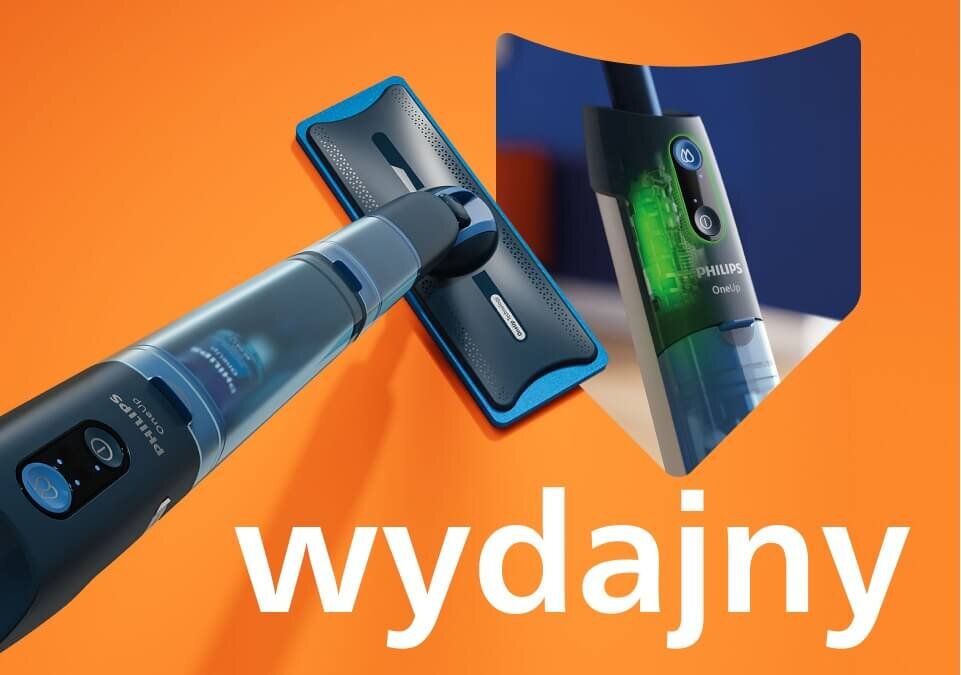Obraz przedstawia elektryczny mop PHILIPS OneUp z widocznym logo i przyciskami na uchwycie. Na pomarańczowym tle znajduje się napis \'wydajny\'.