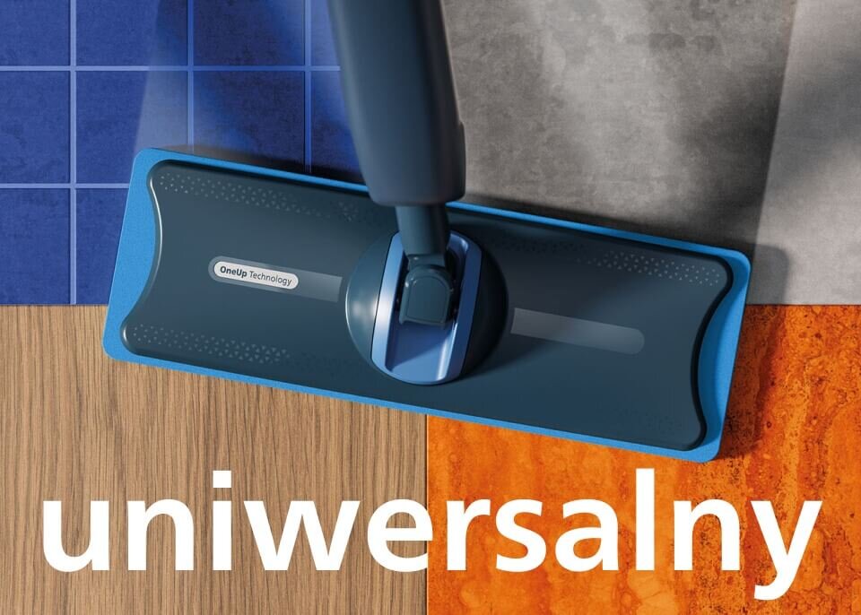 Na obrazie widoczny jest mop elektryczny z napisem \'OneUp Technology\' na głowicy, umieszczony na różnych rodzajach podłóg. Na dole widnieje duży napis \'uniwersalny\'.