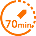 Ikona w kształcie zegara z pomarańczowym obrysem i wskazówką, z napisem \'70 min\'.