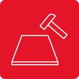 Czerwona ikona z białym symbolem młotka nad prostokątem.