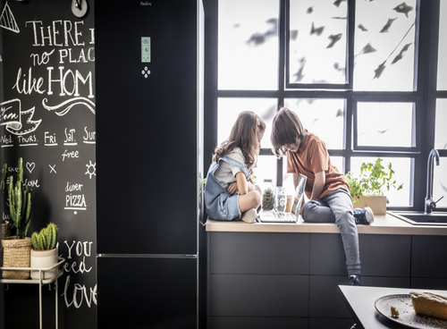 Kuchnia z czarną lodówką marki Amica, obok której na blacie siedzi dwoje dzieci. Ściana obok lodówki pokryta jest tablicą z napisami, a na blacie znajdują się rośliny w doniczkach.