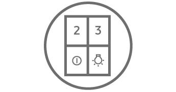 Ikona przedstawia okrąg z czterema symbolami: liczby 2 i 3, symbol włącznika oraz żarówkę.