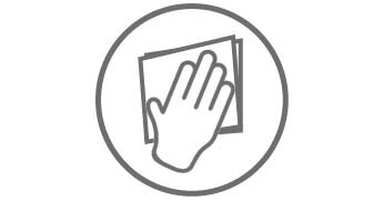 Ikona przedstawia dłoń trzymającą ściereczkę, umieszczona w okręgu. Całość jest w odcieniach szarości.