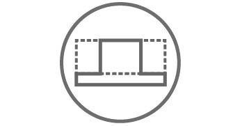 Ikona przedstawia schematyczny rysunek okapu kuchennego w okręgu, z liniami przerywanymi sugerującymi jego kształt i obszar działania.