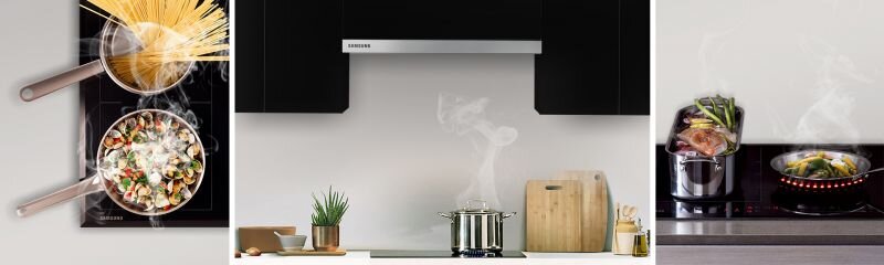 Na obrazie widoczny jest okap kuchenny z logo \'SAMSUNG\' zamontowany nad kuchenką, na której gotuje się garnek z parą. Obok znajdują się deski do krojenia i roślina w doniczce.