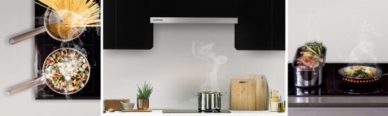 Na obrazie widoczny jest okap kuchenny z logo \'SAMSUNG\' zamontowany nad kuchenką, z której unosi się para. Obok znajdują się garnki z gotującymi się potrawami oraz deska do krojenia z akcesoriami kuchennymi.
