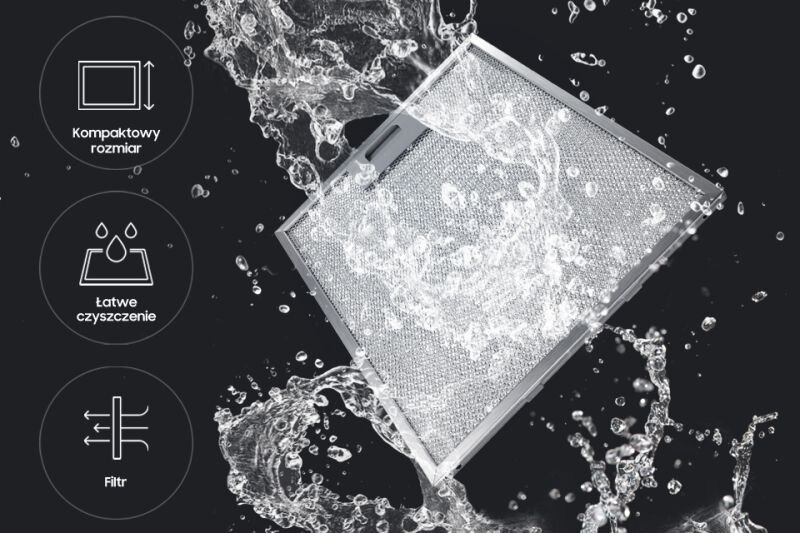 Obraz przedstawia filtr okapu zanurzony w wodzie, co sugeruje łatwe czyszczenie. Obok znajdują się ikony z napisami: \'Kompaktowy rozmiar\', \'Łatwe czyszczenie\', \'Filtr\'.