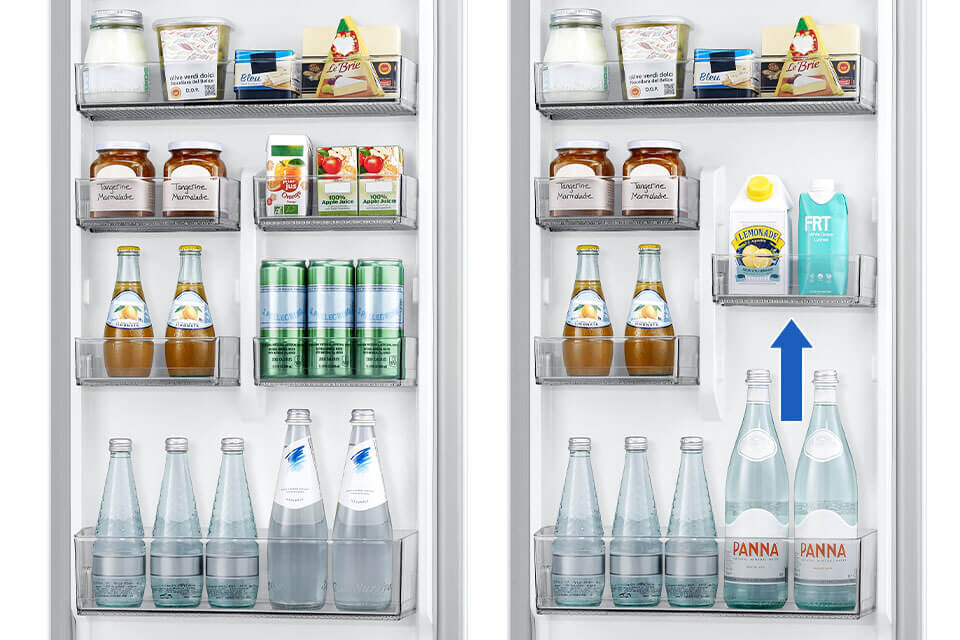 Wnętrze lodówki z różnorodnymi produktami spożywczymi, w tym napojami, jogurtami i serami. Widoczna jest niebieska strzałka wskazująca na półkę z kartonami napojów oznaczonymi jako \'LEMONADE\' i \'FRT\'.