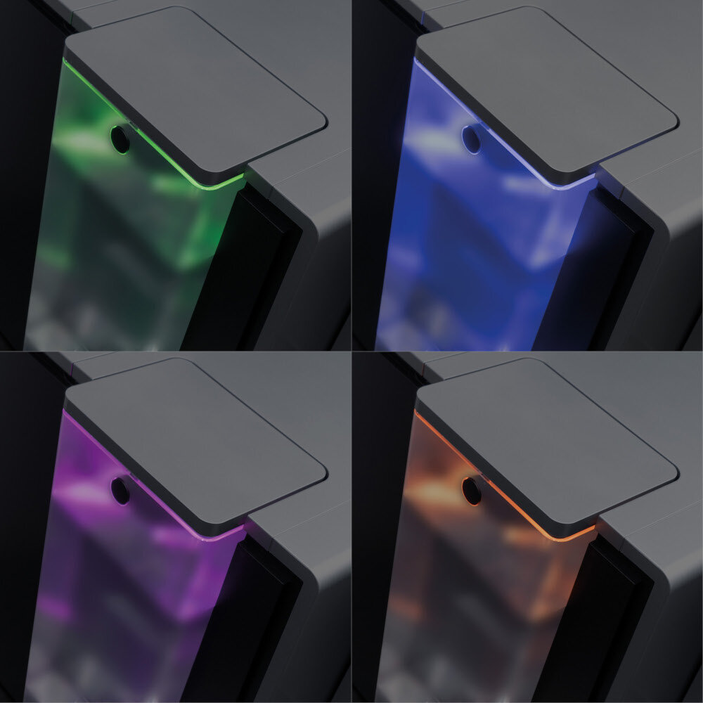 Obraz przedstawia cztery zbliżenia na element ekspresu do kawy z podświetleniem w różnych kolorach: zielonym, niebieskim, fioletowym i pomarańczowym.