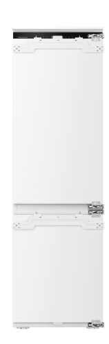 Biała lodówka z dwoma drzwiami, górnym i dolnym, bez widocznych uchwytów. Drzwi mają zawiasy po bokach, a na górze znajduje się czarny panel.